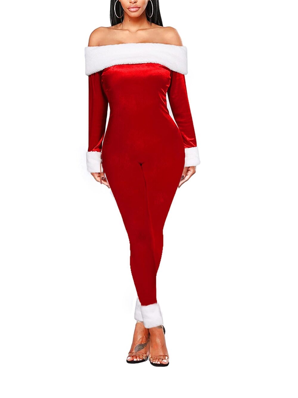 4600 Christmas Velvet Costumes Sexy Mrs Santa Claus Jumpsuit Off Shoulder